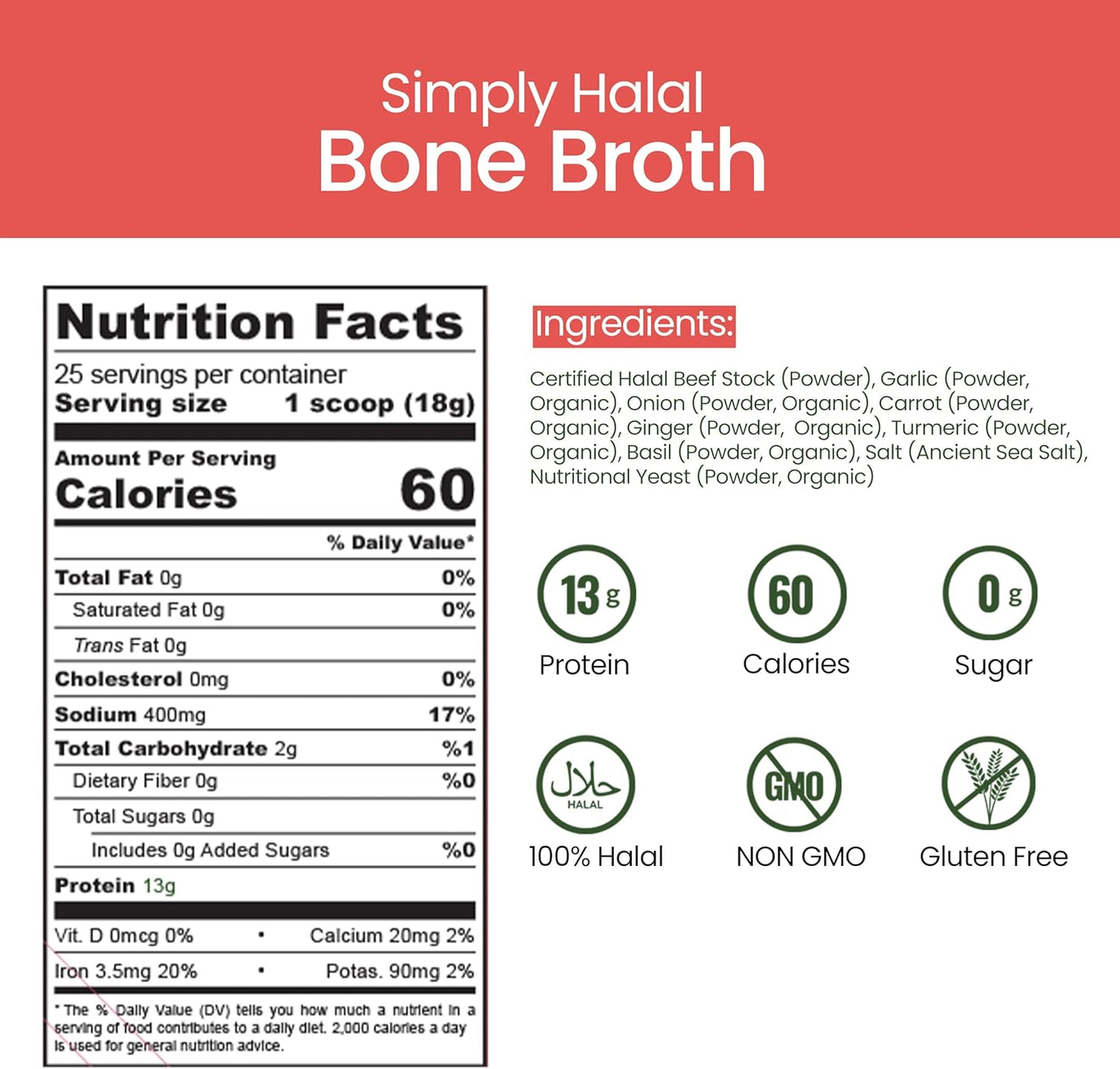 Bone Broth Protein Powder for Joint, Skin, Hair, Nail, Gut Health & Digestive Support – Grass-Fed Hydrolyzed Collagen Supplement, Non-GMO, Gluten Free, 25 Servings (16 Oz)