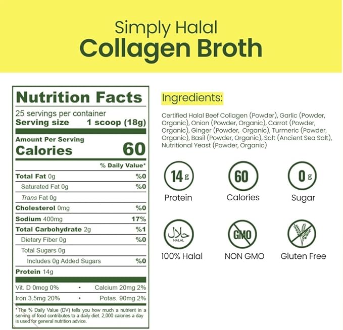 Broth Collagen Powder Type I & III for Joint, Skin, Hair, Nail & Digestive Support – Grass-Fed, 30 Servings (16 OZ)