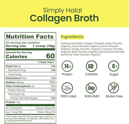 Broth Collagen Powder Type I & III for Joint, Skin, Hair, Nail & Digestive Support – Grass-Fed, 30 Servings (16 OZ)