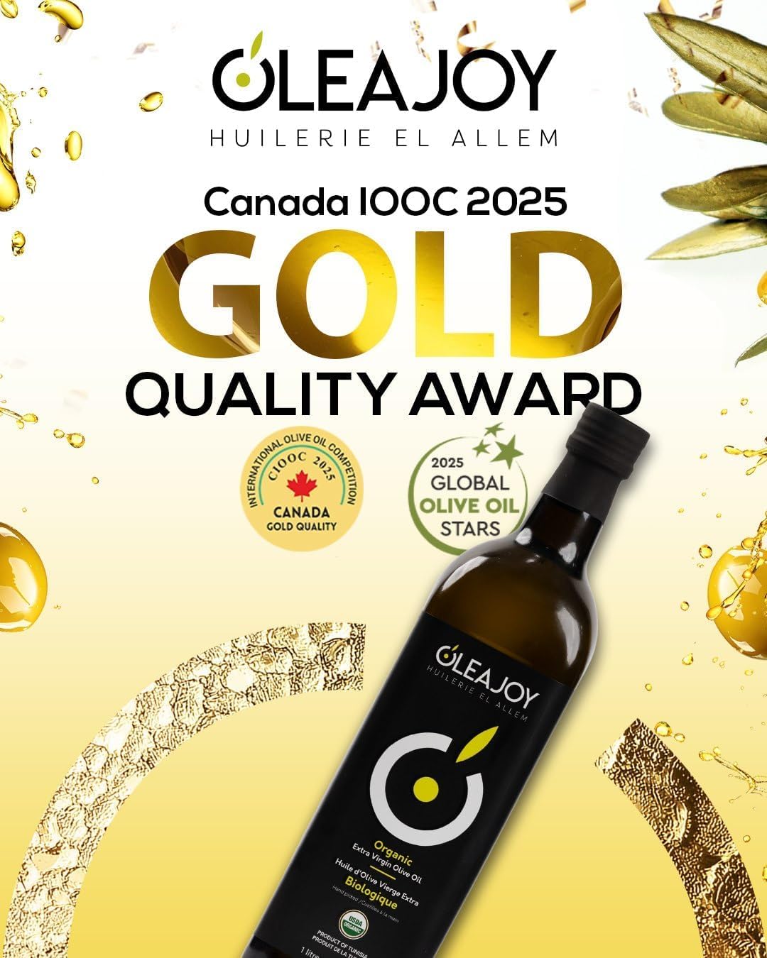 OleaJoy Extra Virgin Olive Oil, Hand picked, Cold Extracted, Tunisian Olive Oil, 1 LITER – 33.8 Fl Oz