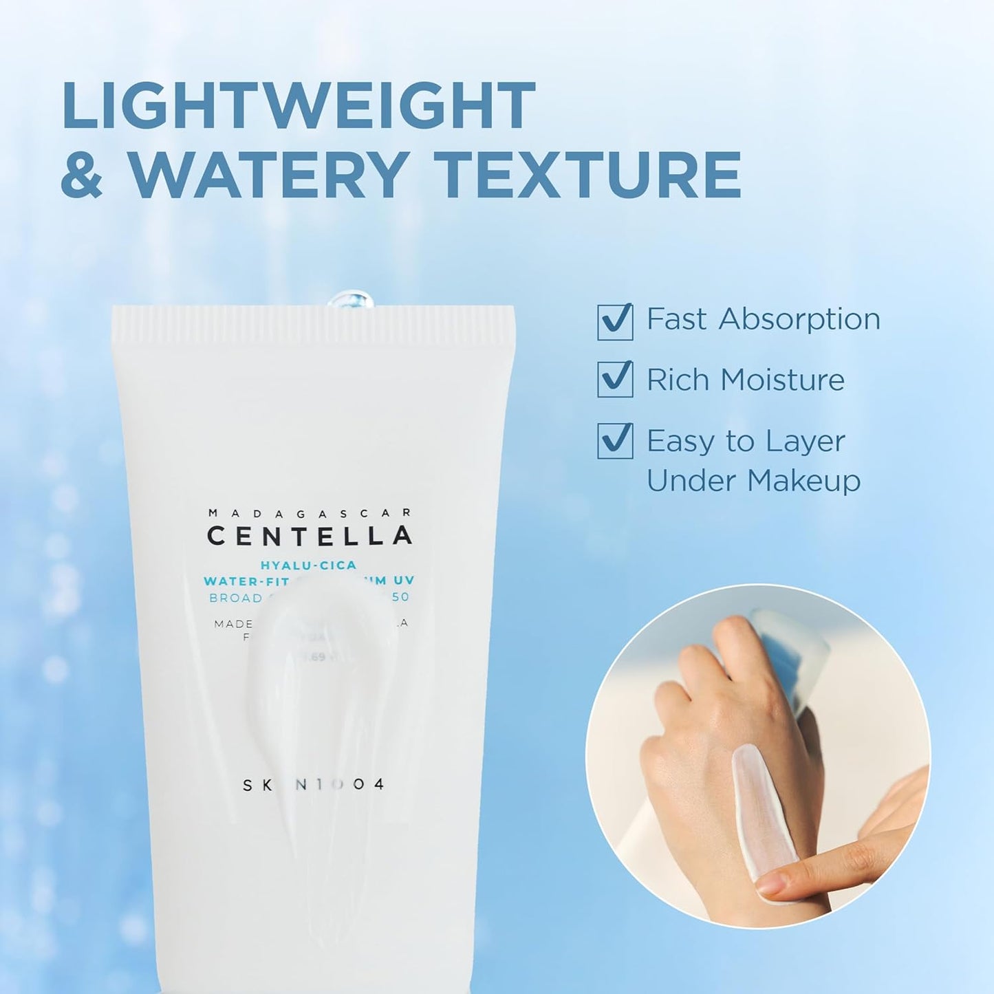 SKIN1004 Centella Hyalu-Cica Water-Fit Sun Serum UV, Korean Sunscreen SPF 50, Centella Sunscreen, Travel Essentials, Sunscreen with Hyaluronic Acid, No White Cast, Korean Skin Care, 1.69 fl.oz / 50ml