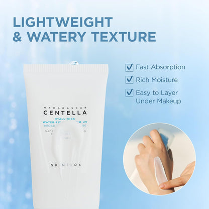 SKIN1004 Centella Hyalu-Cica Water-Fit Sun Serum UV, Korean Sunscreen SPF 50, Centella Sunscreen, Travel Essentials, Sunscreen with Hyaluronic Acid, No White Cast, Korean Skin Care, 1.69 fl.oz / 50ml